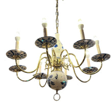 Load image into Gallery viewer, 23.5" Vintage Dutch Delt-Style Blue &amp; White Porcelain &amp; Brass 6 Light Chandelier
