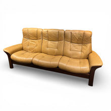 Load image into Gallery viewer, 92"L x 40"H x 29"D Ekornes Stressless Buckingham 3-Seat High back Sofa in Paloma Taupe Leather w/ Walnut Base Retails for $5,995
