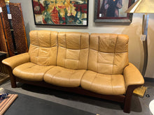 Load image into Gallery viewer, 92"L x 40"H x 29"D Ekornes Stressless Buckingham 3-Seat High back Sofa in Paloma Taupe Leather w/ Walnut Base Retails for $5,995
