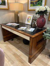 Load image into Gallery viewer, 30"H x 38"D x 60"L Theodore Alexander Rosewood Sycamore desk Deco style with black calfskin top with silver tooling
