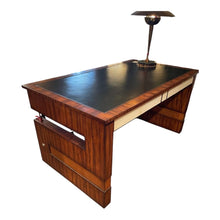 Load image into Gallery viewer, 30"H x 38"D x 60"L Theodore Alexander Rosewood Sycamore desk Deco style with black calfskin top with silver tooling
