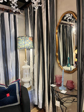 Load image into Gallery viewer, 49"W x 95"L PAIR of Satin Black &amp; White Stripe Drapes Imperfect
