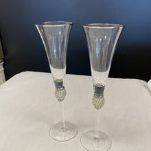 Load image into Gallery viewer, 11&quot; H Set of 2 Champagne Flutes Rhineston Studded Glasses With Silver Rim
