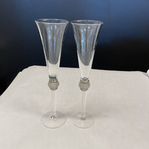 11" H Set of 2 Champagne Flutes Rhineston Studded Glasses With Silver Rim
