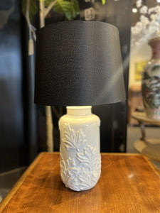 26" White Floral Ceramic Lamp w/ Black Shade & White Finial