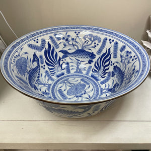 15" Blue & White Porcelain Bowl w/ Fishes in Pond